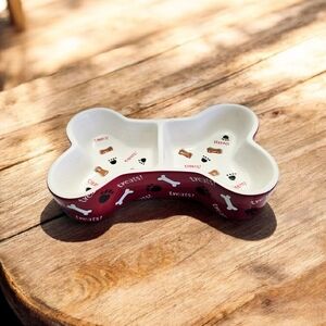 Red Bone-Shaped Pet Double Ceramic Bowl 12"×7